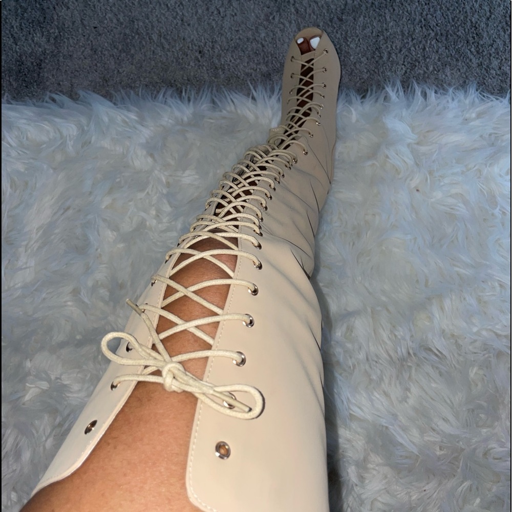 Tan Thigh High Laced Boot Heels